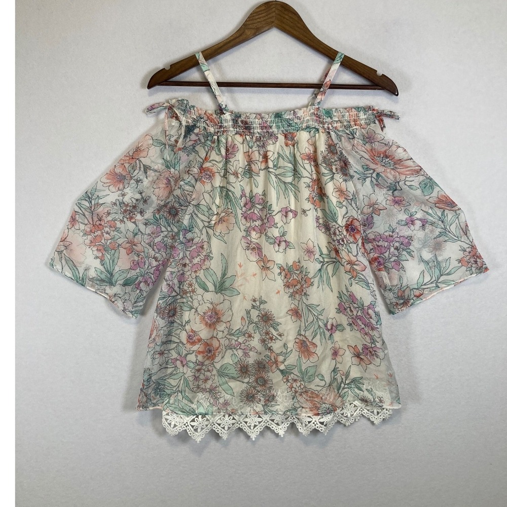 Ethereal Romantic Amy Byer Women XL Cream Floral Cold Shoulder Lace Hem Boho Top